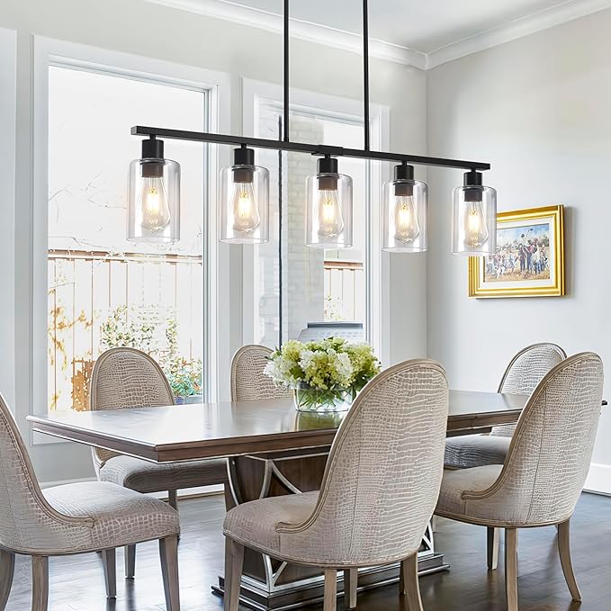 Black Linear Chandelier for Kitchen Island - 5 Light Pendant Lighting Fixture with Glass Shades, Adjustable Height Farmhouse Dining Room Hanging Light