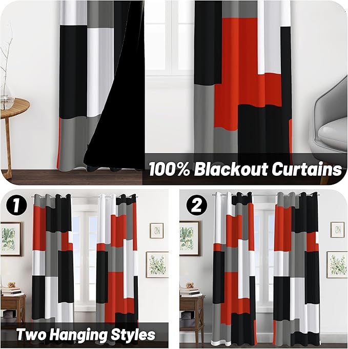 Red Black 100% Blackout Curtains for Bedroom 96 inch Long 2 Panels Set White Grey Modern Abstract Geometric Black Out Curtains Insulated Room Darkening Window Drapes for Living Room, 52Wx96L