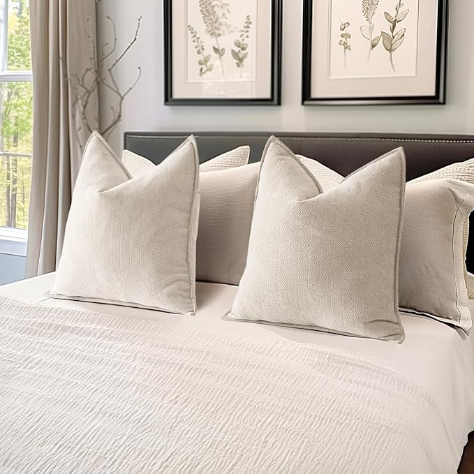 MIULEE Pack of 2 Cream Beige Decorative Pillow Covers 20x20 Inch Soft Chenille Luxurious Couch Throw Pillows Farmhouse Cushion Covers with Elegant Design for Sofa Bedroom Living Room Home Decor