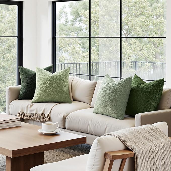 MIULEE Pack of 4 Christmas Decorative Sage Green Textured Boucle Throw Pillow Covers 20x20 Inch Forest Green Accent Solid Pillow Cases Soft Couch Cushion for Modern Farmhouse Boho Bed Room Home Decor