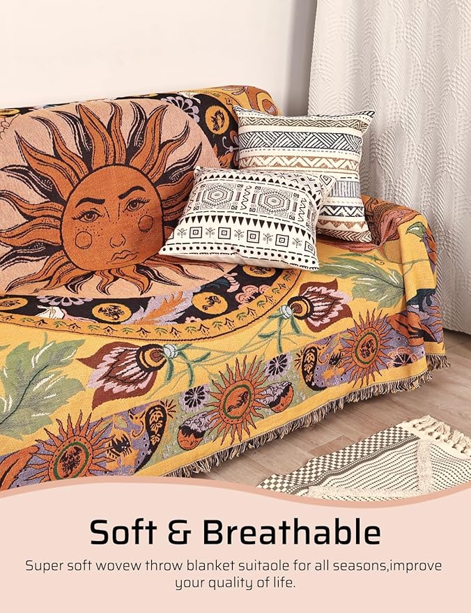 Boho Throw Blanket for Bed Couch Sofa Reversible Cotton Bohemian Travel Boho QuiltMexican Muslin Blanket Tapestry Hippie Room Decor Outdoor Blanket Double Sided (Sun Pattern Yellow 60"x80")