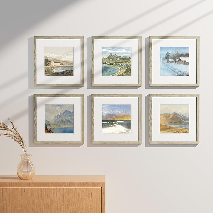 Vittanly 12x12 Picture Frames Set of 9, Shatter Resistant Plexiglass, Display 8x8 Pictures with Mat or 12x12 without Mat, Photo Frames for Wall Mount, Engineered Wood, Driftwood