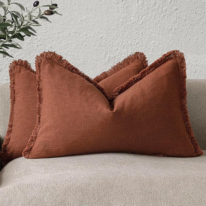 Foindtower Set of 2 Decorative Linen Fringe Lumbar Throw Pillow Covers Farmhouse Cushion Cover with Tassels Accent Pillowcase for Couch Sofa Bed Living Room Home Decor,12×20 Inch,Autumn Rust Orange