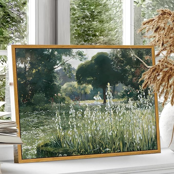 KBKBART Framed Canvas Wall Art, Vintage Meadow with Flowers Oil Painting, Classical Canvas Artwork Decor, Scenery Wall Art Prints for Bedroom Living Room, Bathroom Decor, Gallery, Gifts for Friends or Family (12"x16")