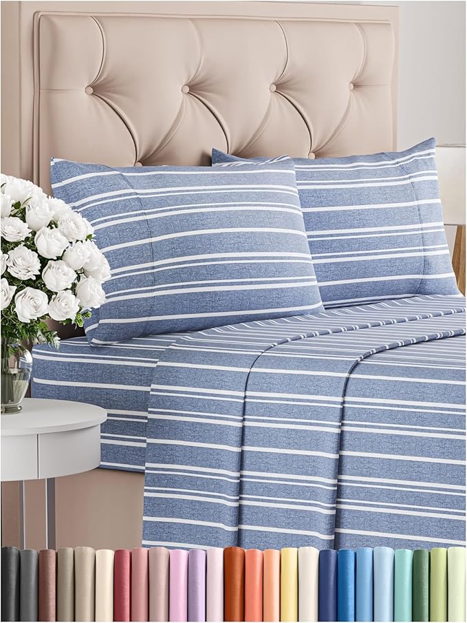 King Size 4 Piece Sheet Set - Comfy Breathable & Cooling Bed Sheets Set - Hotel Luxury Bedding for Women, Men, Kids, Teens, Boys & Girls - Deep Pockets, Soft, Wrinkle Free - Oeko-Tex - Blue Stripes 3