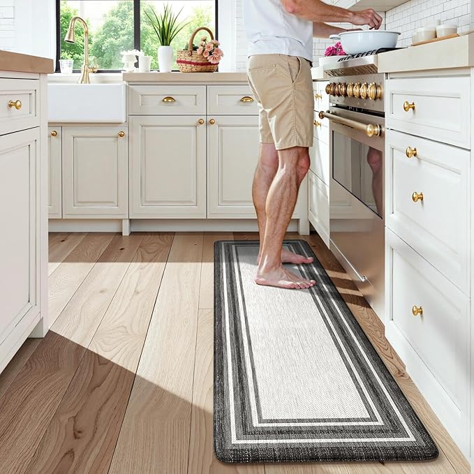 KIMODE Anti Fatigue Kitchen Mat, Cushioned Farmhouse Kitchen Runner, Non Slip Waterproof Kitchen Mat for Floor, Comfort Foam Standing Desk Mat for Laundry, Office, Sink Black 17.3"x59"