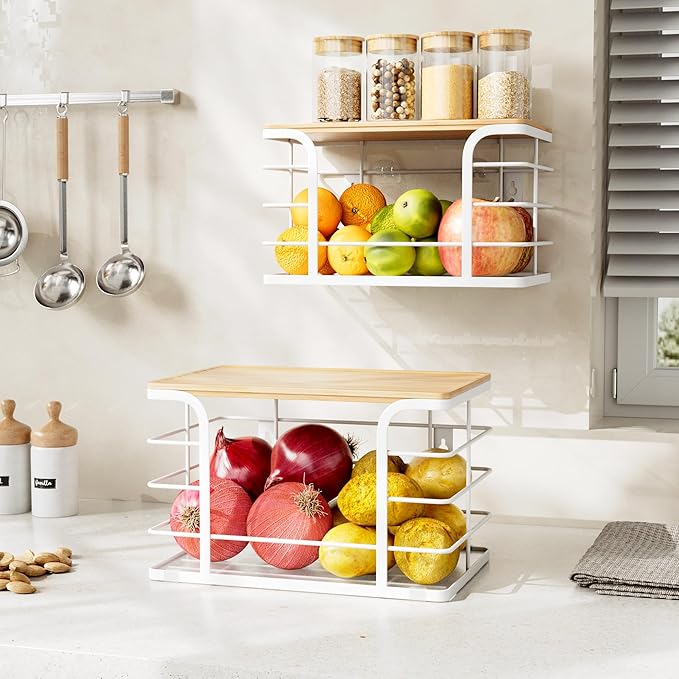 2 Pack Pantry organizers and Storage,Kitchen Organization with Bamboo Top,Stackable Kitchen Pantry bin for Onion,Potato,Fruits,Produce,Vegetable,White