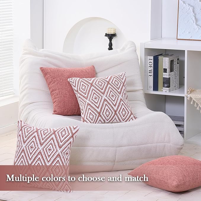 HPUK Decorative Throw Pillow Covers Set of 4 Geometric Design Linen Cushion Cover for Couch Sofa Living Room, 20"x20" inches, Coral