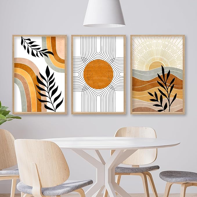Geometric Sun Desert Plant Wall Art 16"x24" Set Of 3 Boho Wooden Framed Abstract Minimalist Sign Living Room Aesthetics Botanical Nature Illustrations Bedroom Office Wall Hanging Decor (Wood)