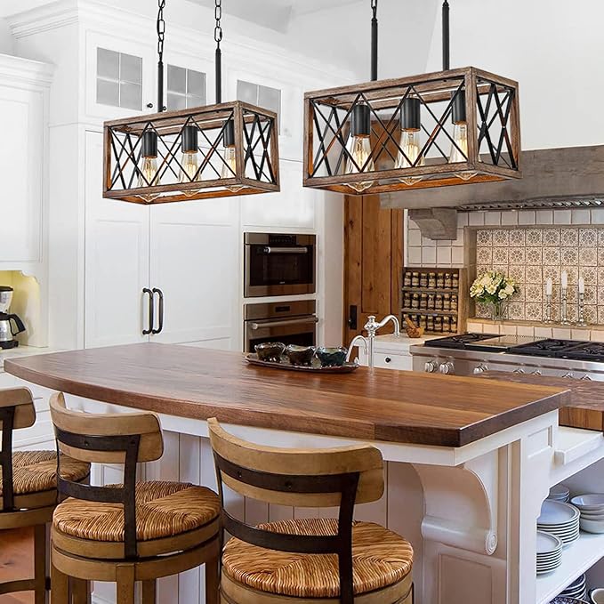 Farmhouse Light Fixtures,3-Light Dining Room Light Fixture,Industrial Metal Kitchen Pendant Lighting Over Island, Chandelier for Dining Table Kitchen Sink, Wood Grain Finish.