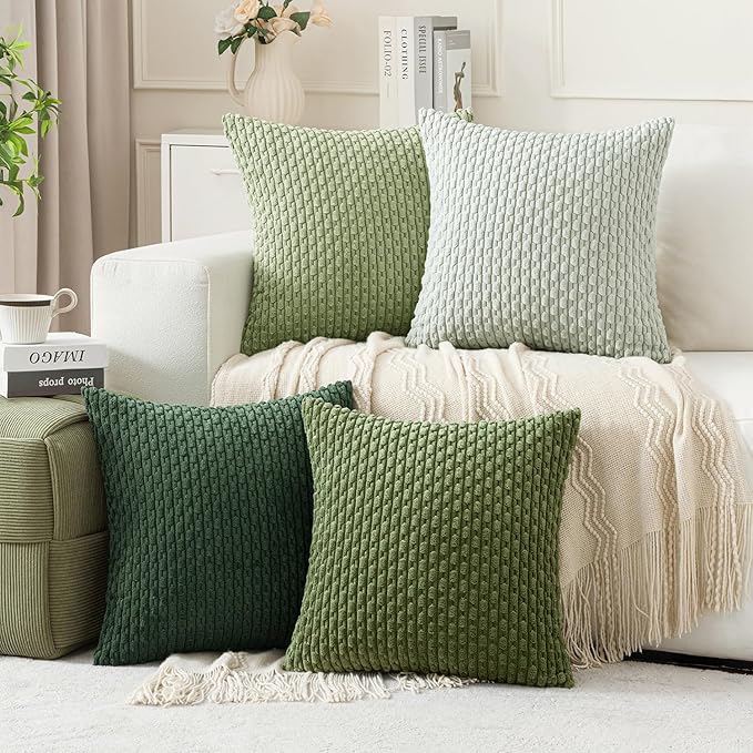 MIULEE Decorative Sage Green Christmas Throw Pillow Covers Soft Couch Set of 4 Boho Striped Cushion Covers Corduroy Pillowcases Farmhouse Home Decor for Couch Bed Sofa Room 18x18 Inch Forest Green