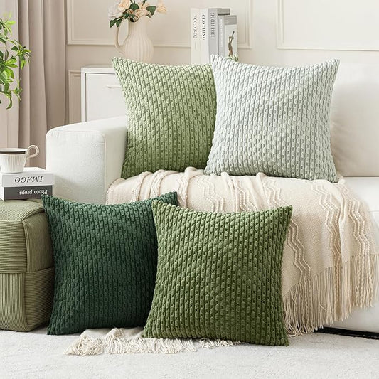 MIULEE Decorative Sage Green Christmas Throw Pillow Covers Soft Couch Set of 4 Boho Striped Cushion Covers Corduroy Pillowcases Farmhouse Home Decor for Couch Bed Sofa Room 18x18 Inch Forest Green