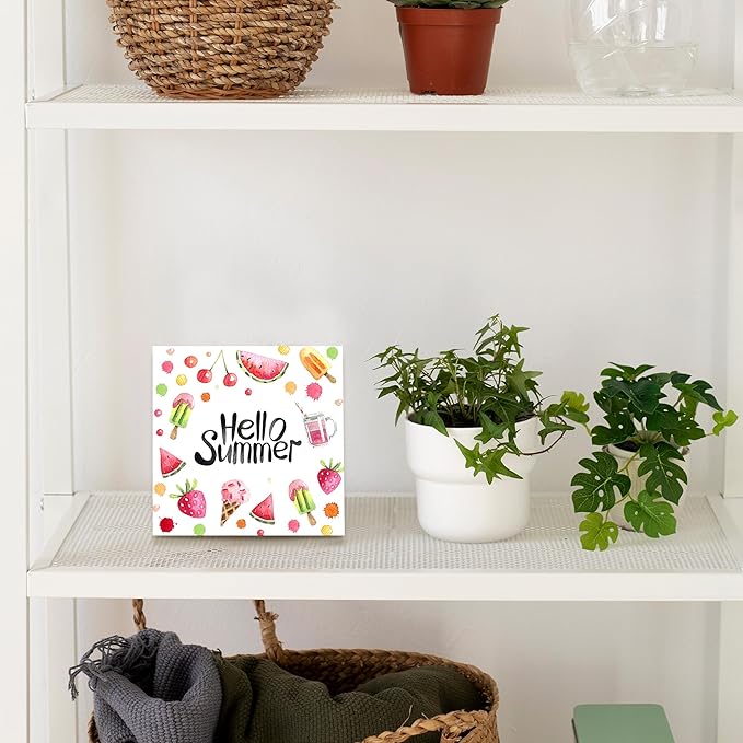 Hello Summer Decor,Wooden Plaque Sign Box for Desk Home Bedroom Office 5x5 Inches.(061)
