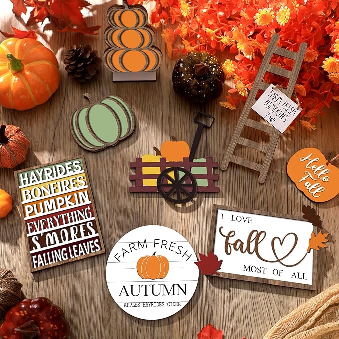 Sumind 15 Pcs Fall Tiered Tray Decor Set Fall Decorations for Home Autumn Wood Signs Thanksgiving Orange Brown Table Signs Farmhouse Wooden Maple Pumpkin Gnomes Tabletop for Festival(Harvest)