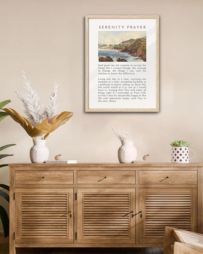 Large 16x20in OAK Wood Framed Wall Art, Serenity Prayer Bible Verse Christian Canvas Wall Decor, Blue Modern Jesus Wall Prints for Bedroom, Living Room, Bathroom, Religious Gift, 1 Pack