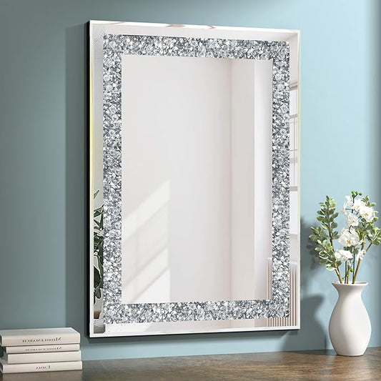 Crystal Decorative Mirror-28 x20 Rectangle Gorgeous Silver Mirror, Crush Diamond Mirror for Wall Decoration Bedroom, Hallway, Dining Room