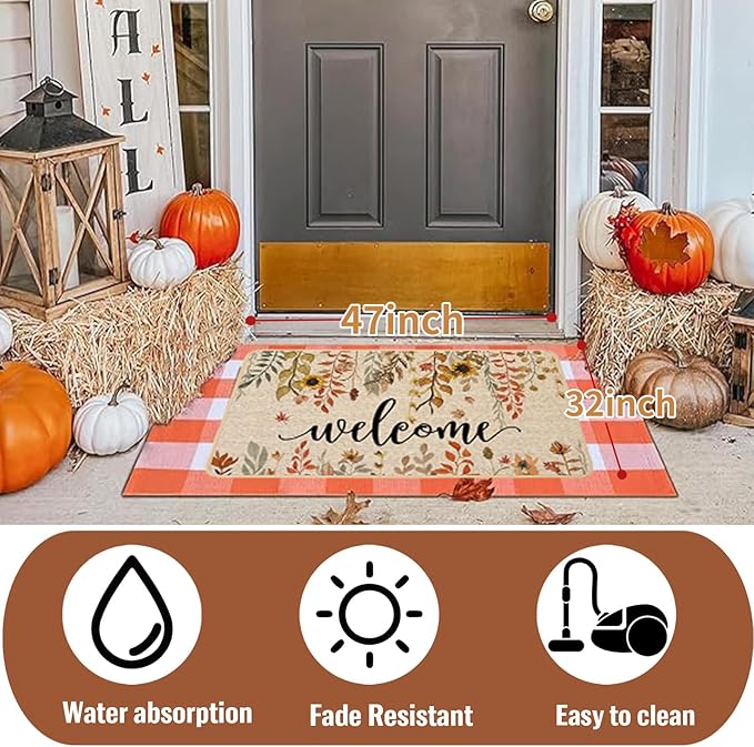 ORTIGIA Welcome Fall Doormat Indoor Outdoor Patio Eucalyptus Leaves Sunflowers Door Mats Non-Slip Durable Entrance Mat for Farmhouse Home Entrance, Outside Entry, Yard, Floor, Patio 32x47 Inch