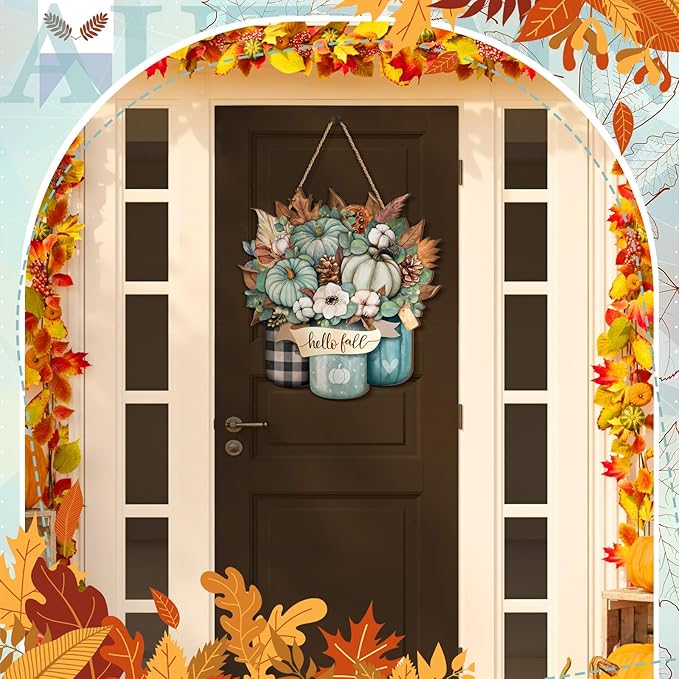 Boao Blue Hello Fall Door Decorations for Home Thanksgiving Decor Pumpkin Plaid Hanging Sign Wooden Front Door Hanger for Autumn Harvest Thanksgiving Porch Indoor Outdoor Home Decorations