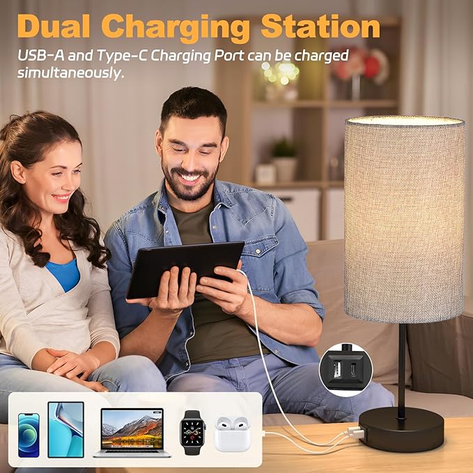 AKASUKI 18Inch Table Lamp with Dual Charging Station, 3 Way Dimmable Touch Lamp for Bedroom, Living Room, Office(LED Bulb Included)