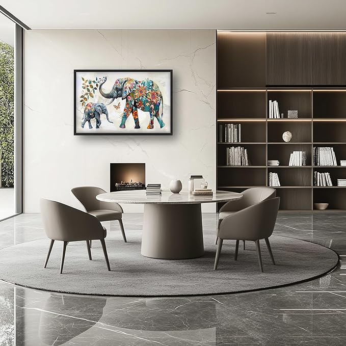 Abstract Elephant Large Framed Wall Art Floral Elephants Pictures Oversized Wall Decor Flower Leaf Butterfly Canvas Print Painting Aesthetic Modern Artwork for Living Room Bedroom Office Bathroom Home Decor 36L"x24W"