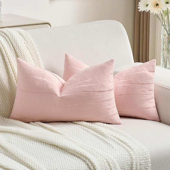 FUTEI Pink Chenille Decorative Throw Pillow Covers 12x20 Inch Set of 2,Soft Embossed Striped Textured Lumbar Pillow Cases,Modern Home Decor for Couch Bed Living Room