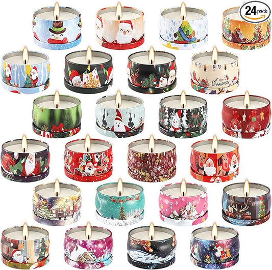 24Pack Christmas Scented Candle Tins Gift Set - Soy Wax Festive Aromatherapy Candles 2.5oz- Smokeless Long Lasting Burn time for Christmas Gifts Holiday Decor & Gifting.