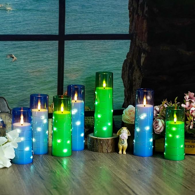 Flameless LED Candles with Timer 9 Pc Flickering Flameless Candles for Romantic Ambiance and Home Decoration Stable Acrylic Shell,with Embedded Star String，Battery Operated Candles（Blue）