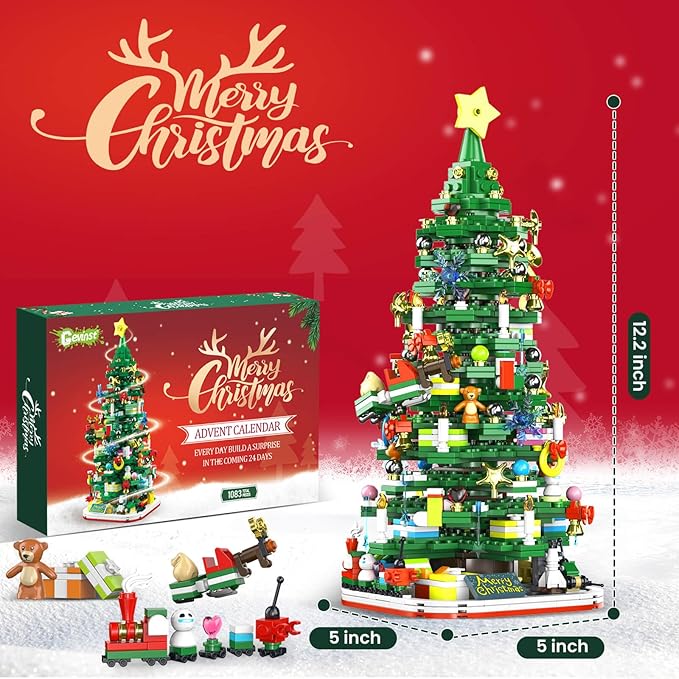 Advent Calendar 2025 Adult Teen Boy Girls Kids Christmas Tree Building Set Toys with Led light, Holiday 24 Days Christmas Countdown Calendars Xmas Tree, Fun Cute Gifts (1083 PCS)