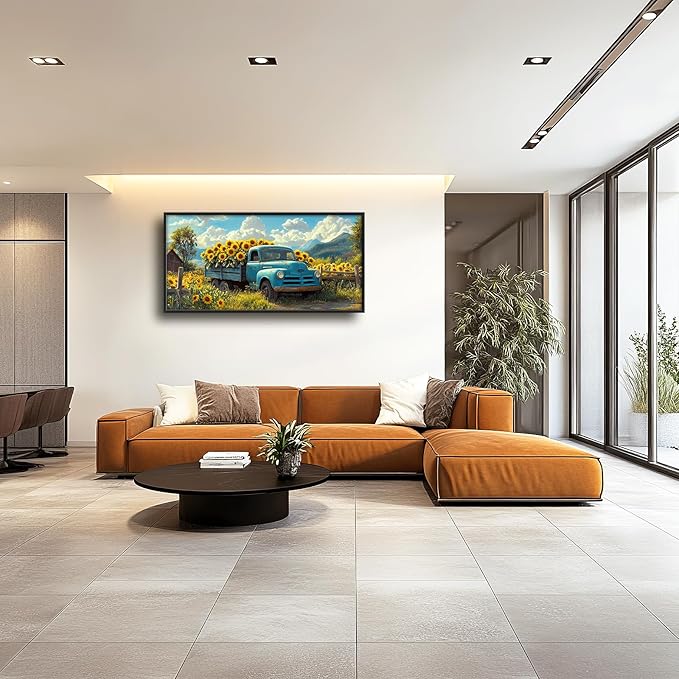 Olivine Large Wall Art, Sunflower Pictures Wall Decor, Farmhouse Sunflower Painting, Sunflowers Truck Canvas Prints, Framed Artwork for Living Room Bedroom Bathroom Office Home Decoration 60"x30"