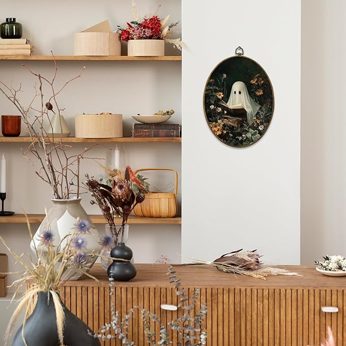 Mcehtle Moody Ghosts Botanic Wall Art Decor, Halloween Cottagecore Dark Academia Framed Canvas Prints 8.6x11.4, Ghost Reading Round Wall Hanging Artwork Decorations for Bedroom Gallery