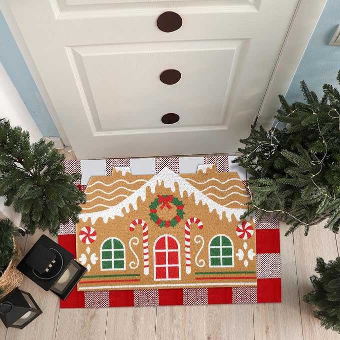 2 Pcs Christmas Door Mat Gingerbread House Welcome Non Slip Coir Mats Merry Xmas Red White Buffalo Plaid Floor Layering Doormats Seasonal for Front Porch Entryway Decor(Gingerbread House)