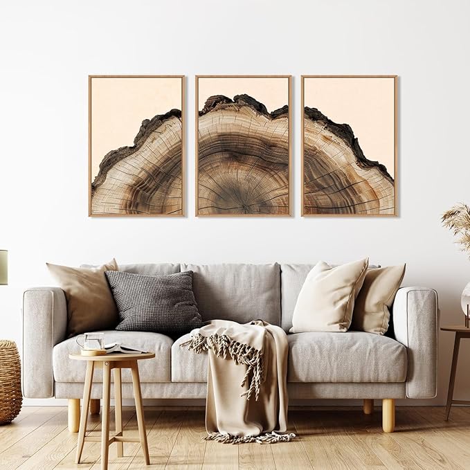 KAIRNE Framed Tree Ring Wall Art Set, Retro Wood Stump Wall Decor, Tree Spiral Wall Painting, Modern Nature Canvas Art Prints for Living Room, Bedroom, Dinning Room, Farmhouse - Large 24"x36"x3
