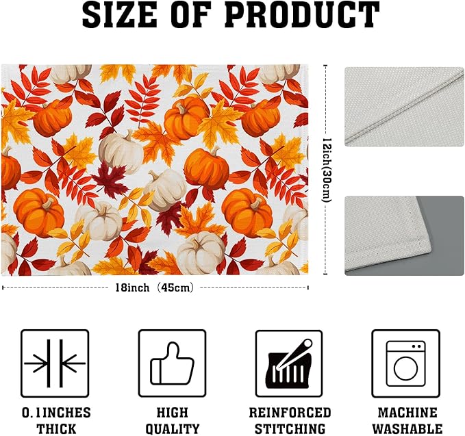 Fall Placemats 12×18 Inches Set of 4 Watercolor Pumpkin Autumn Leaves Indoor Kitchen Dining Table Place Mats for Home Party Decoration