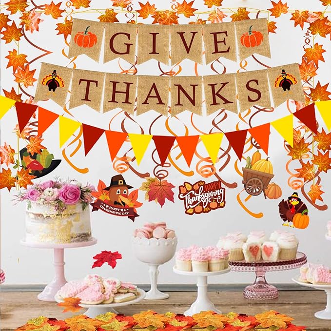 GIVE Thanks Burlap Banner Paper Triangular Bunting Maple Leaf Garland Plastic Streamer for Autumn Harvest Thanksgiving Day Party Decoration