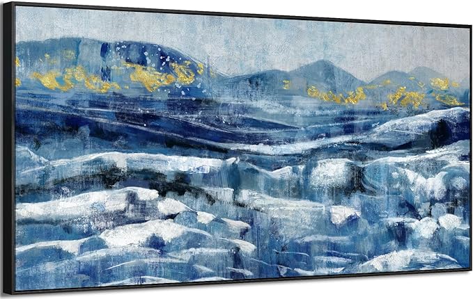 Framed Wall Art for Living Room Blue Black Yellow Abstract Mountain Peaks Canvas Print Sea Landscape Painting White Ocean Waves Textured Picture Modern Minimalist Seascape Coastal Artwork 30x60inch