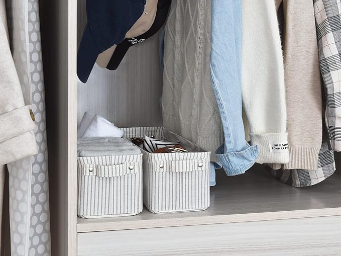 StorageWorks Narrow Storage Bins, Small Basket for Closet and Shelves, Fabric Organizer with Handles, Toilet Paper Storage, Khaki and Beige Stripes, 2-Pack