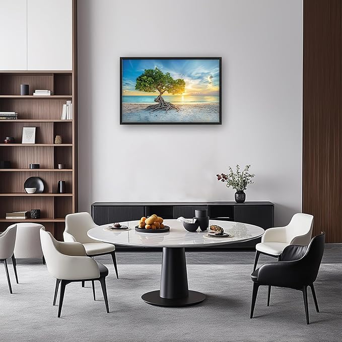 Beach Tree Large Framed Wall Art Sunrise Coastal Sea Pictures Oversized Tree of Life Wall Decor Canvas Print Painting Aesthetic Modern Artwork for Living Room Bedroom Office Bathroom Home Decor 36L"x24W"