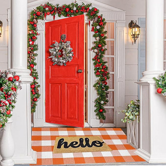 SEEKSEE Cotton Buffalo Plaid Rug 27.5"x43" Orange and White Checked Rug Washable Doormats Indoor Outdoor Rugs for Layered Front Door Mats, Porch, Kitchen, Farmhouse, Entryway