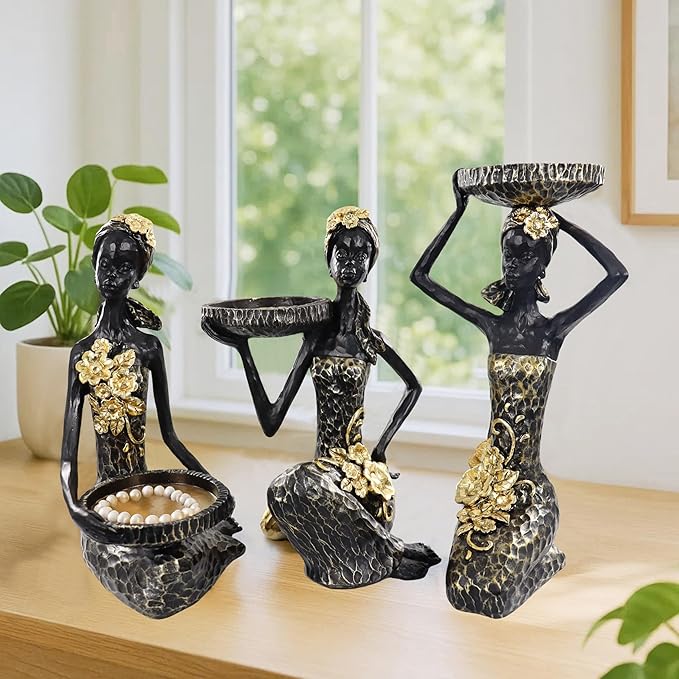African Lady Figurine Candle Holder with African Tribal Totem for Wedding,Church,Holiday Decor-African Decorative Women Statues, Candlestick Holder for Home and Table Decor(405-Black)