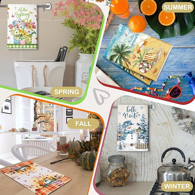 12 Pcs Seasonal Kitchen Towels Set for All Holidays Hand Dish Tea Towels Fall Halloween Christmas Cute Drying Dishcloths Decorative Absorbent Wash Cloths(Fresh Style)