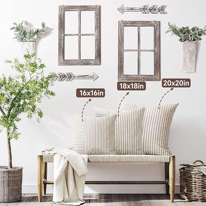 Farmhouse Pillow Covers 22x22, Modern Accent Square Throw Pillow Covers Set of 2, Gray and Beige Striped Patchwork Linen Decorative Pillows Cushion Covers for Couch Chair Bedroom Fall Decorations