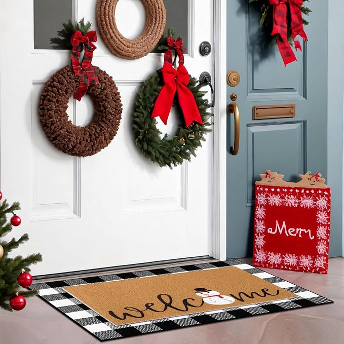 2 Pcs Christmas Door Mat Snowman Welcome Non Slip Coir Mats Merry Xmas Black White Buffalo Plaid Floor Layering Doormats Seasonal for Front Porch Entryway Decor(Snowman)