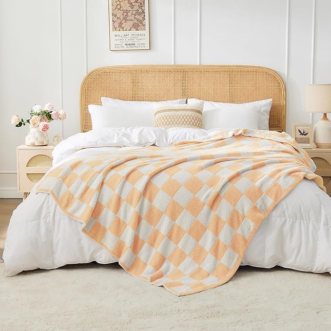 JOOJA Soft Cozy Checkerboard Peach Blanket Fluffy Knit Throw for Couch Plaid Checkered 60x80 in