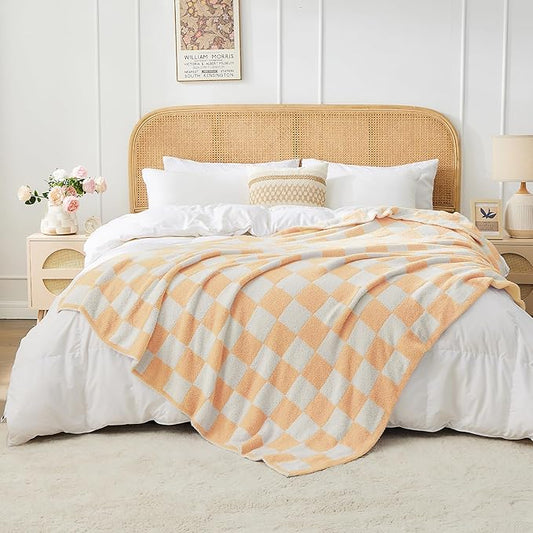 JOOJA Soft Cozy Checkerboard Peach Blanket Fluffy Knit Throw for Couch Plaid Checkered 60x80 in