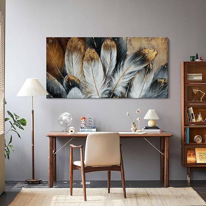 Feather Wall Art Modern Living Room Bedroom Wall Decoration Large Giclee Print Canvas Painting Artwork for Home Decor One Piece White Gold Brown Feather Picture Ready to Hang 24x48 Size