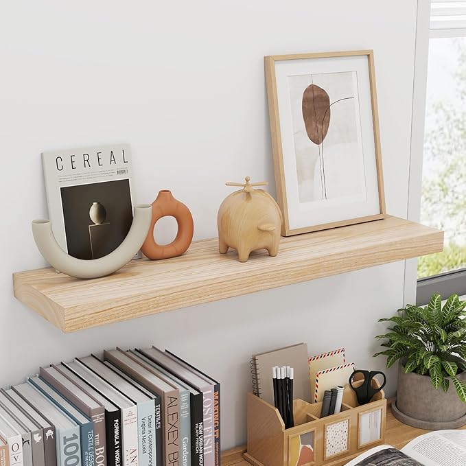fuqing Natural Wood Floating Shelves for Wall, 30 Inch Wood Floating Shelves Set of 2, Natural Wooden Wall Shelves for Living Room Bedroom Home Office - Natural