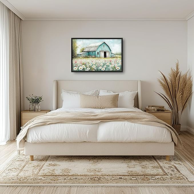 Farm Barn Large Wall Art for Living Room Framed, Farmhouse Wall Decor Pictures, Teal Barn Canvas Print Painting, Aesthetic Artwork Bedroom Office Home Decor 36"x24"