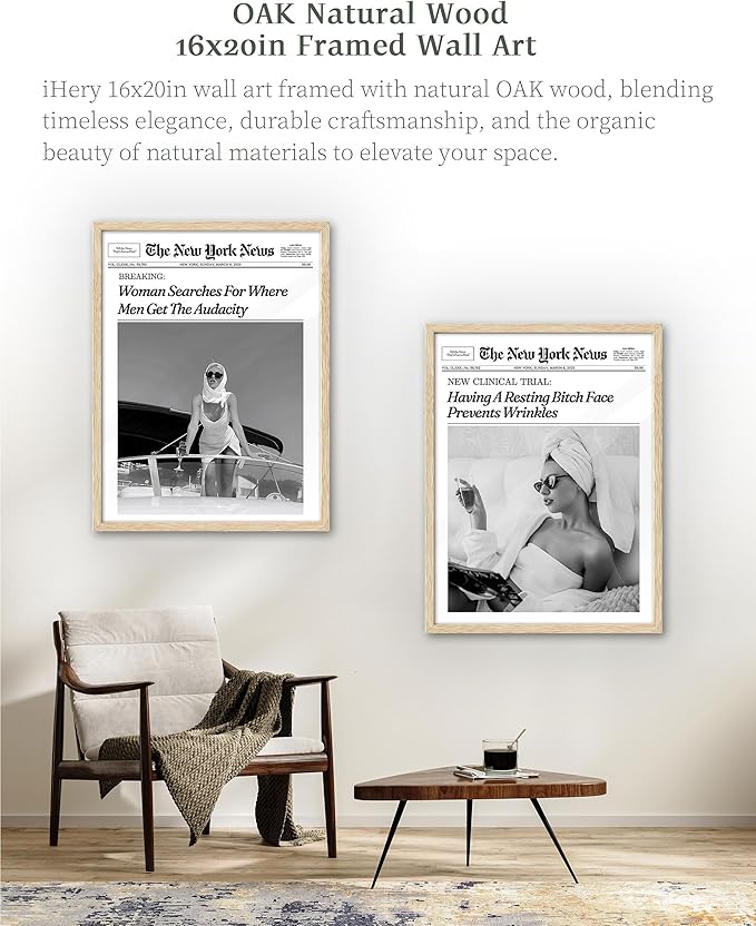 iHery Woman Searches For Where Men Get The Audacity Poster Newspaper Framed Wall Art, Natural OAK Wood Trendy Large 16x20 in Canvas Wall Art Décor For Bedroom Living Room Bathroom Set of 1