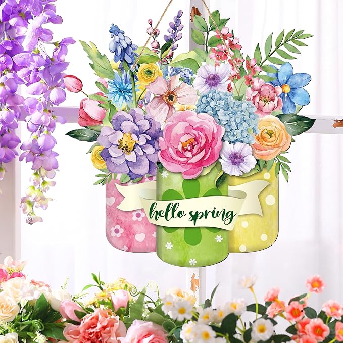 Spiareal Spring Welcome Sign Spring Flower Decor Wood Hanging Door Sign Outdoor Decorations for Farmhouse Porch Front D Decoration