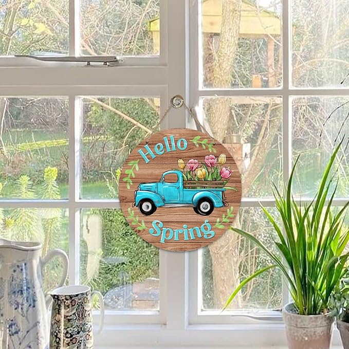 Deroro Hello Spring Blue Truck Sign for Front Door Decor, Tulip Flowers Pickup Wood Door Hanger for Outdoor Outside Porch, Rustic Farmhouse Wooden Wreath Indoor Wall Hanging Decoration